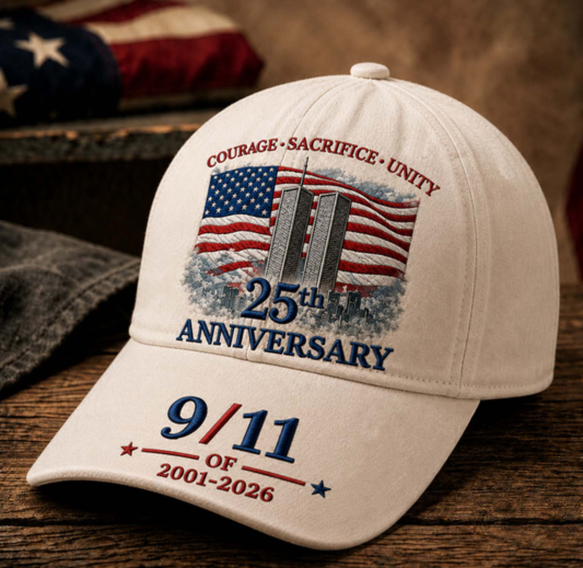 An off-white baseball cap with a 9/11 commemorative design, featuring embroidered text 'COURAGE • SACRifice • UNITY', '25th ANNIVERSARY', and '9/11 OF 2001-2026' alongside an American flag and the Twin Towers graphic. The cap is displayed on a rustic wooden surface with an American flag and a gray blanket in the background.