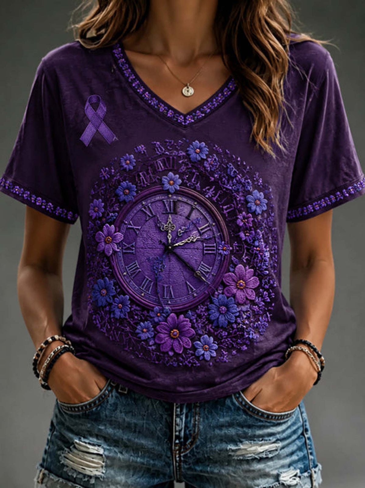 Women's purple V-neck t-shirt featuring vintage clock and floral graphic with purple awareness ribbon and decorative cuff trim.