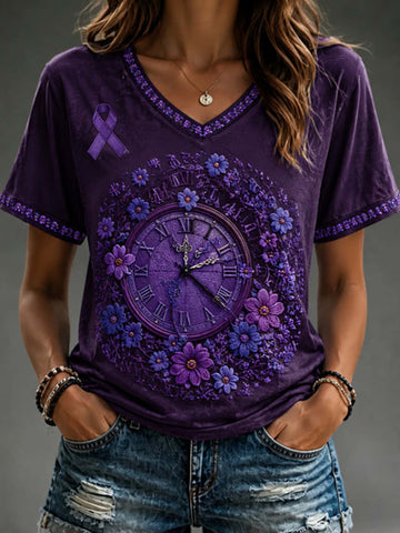 Women's purple V-neck t-shirt featuring vintage clock and floral graphic with purple awareness ribbon and decorative cuff trim.