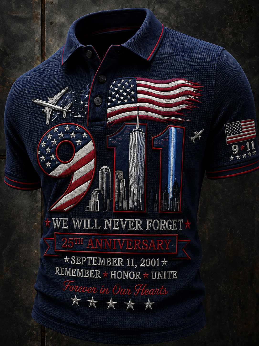 A navy blue polo shirt with a detailed 9/11 memorial graphic on the front, featuring the American flag, twin towers, airplanes, and text reading 'We Will Never Forget 25th Anniversary September 11, 2001'.