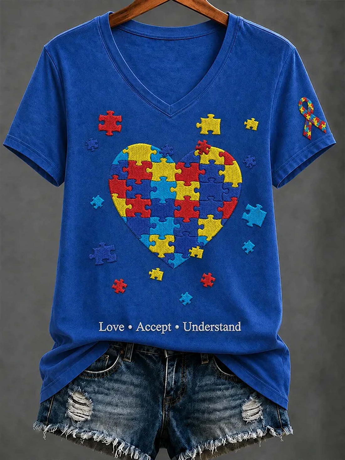 A royal blue V-neck t-shirt on a wooden hanger, styled with distressed denim shorts. The shirt features a large heart-shaped autism awareness puzzle graphic in the center, surrounded by small colorful puzzle pieces, with the text 'Love • Accept • Understand' printed at the bottom.