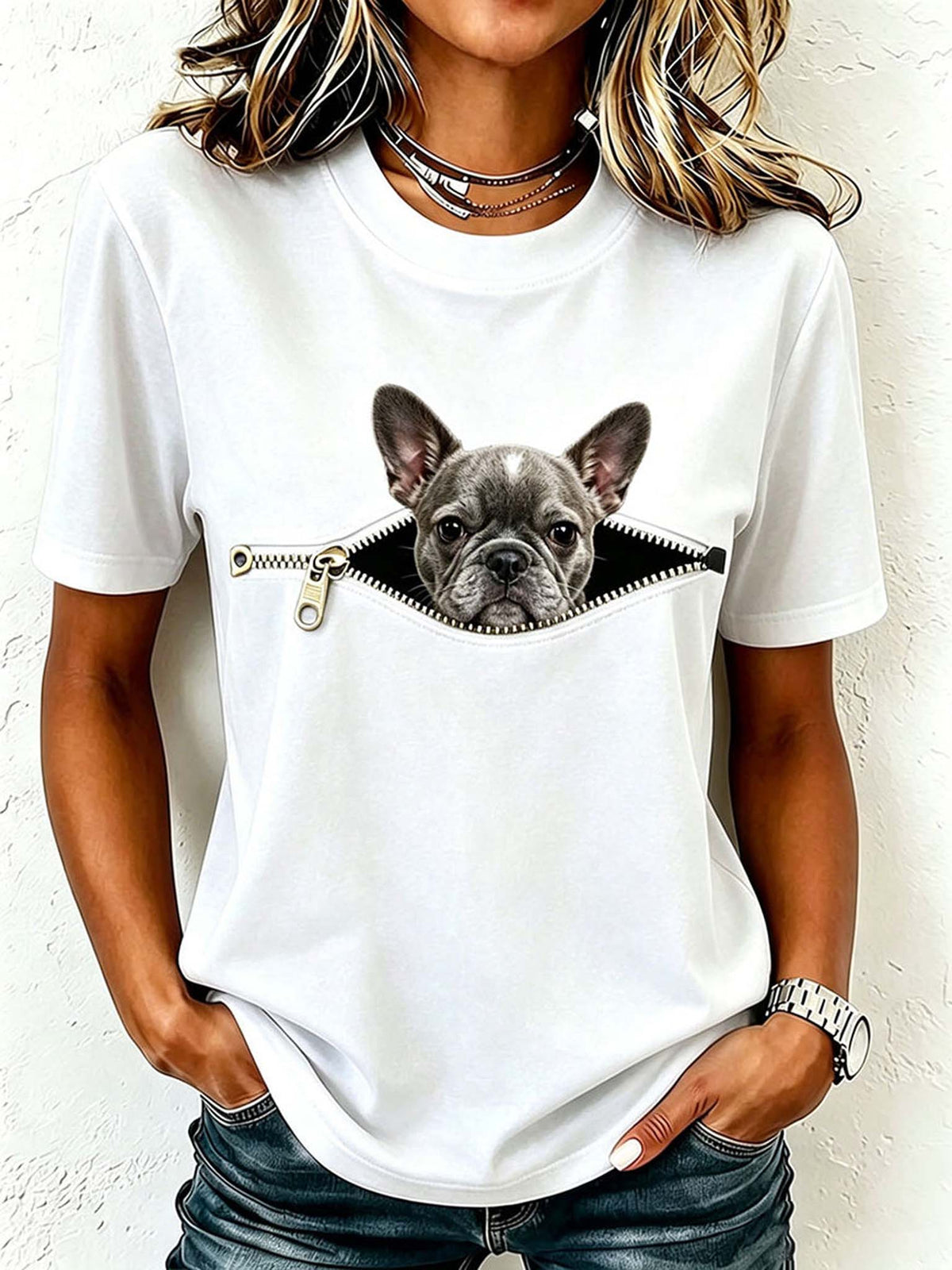 Person wearing a white t-shirt with a graphic of a dog peeking out from a zipper